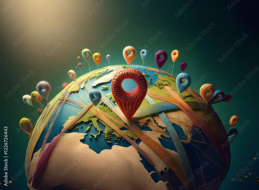 Poster A whimsical 3D globe illuminated, adorned with colorful location pins suggesting global connectivity and travel.  Routes connecting the pins are subtly highlighted.