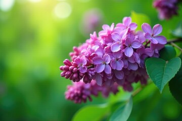 Fototapeta premium A lush lilac wreath clusters on a tree branch, foliage, nature