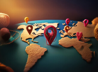 A miniature world map with colorful location pins scattered across its continents, suggesting travel, exploration, and global connectivity.  Warm lighting enhances the scene.