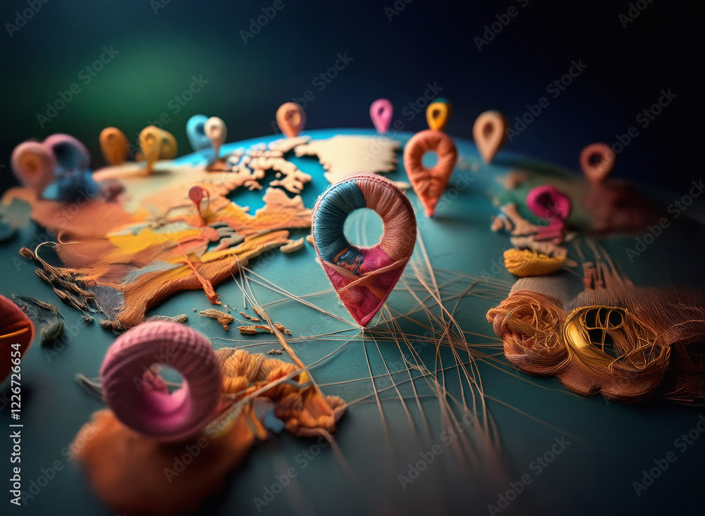 Poster a vibrant, textured world map features colorful, playful location markers scattered across its surfa