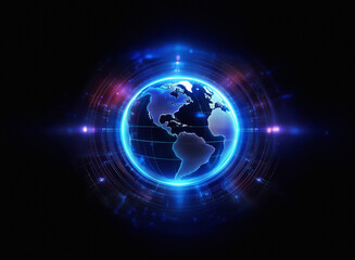 A glowing blue digital Earth encircled by a futuristic technological interface, radiating energy and signifying global connectivity.