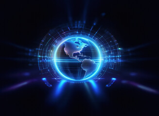 A glowing blue orb, a digital representation of Earth, encircled by radiant energy streams, symbolizes global connectivity and technological advancement.  The dark background enhances the futuristic f
