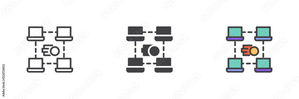 Poster blockchain network with token transfer different style icon set