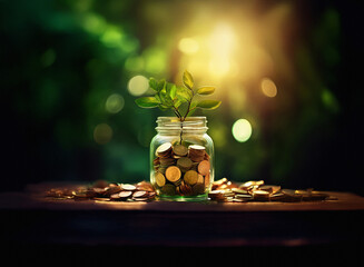 A small plant sprouts from a glass jar filled with coins, symbolizing growth and financial prosperity.  Sunlight shines from behind, creating a warm, hopeful atmosphere.