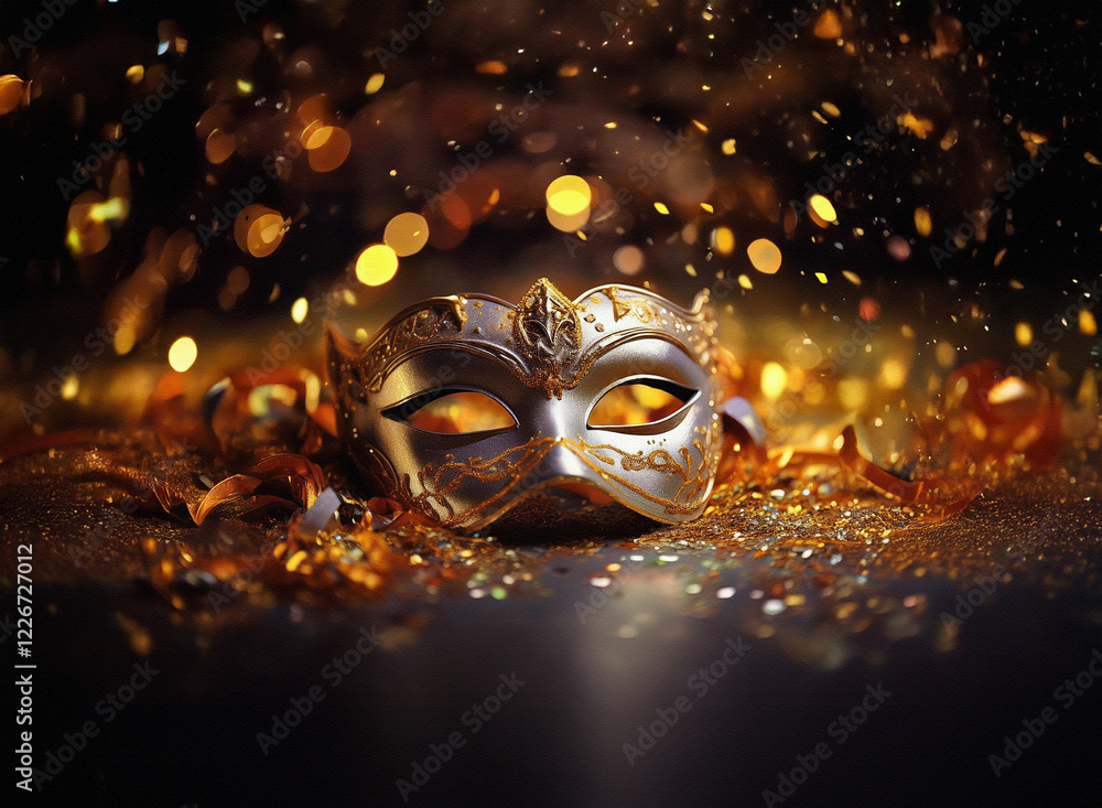 Poster elegant silver masquerade mask rests amidst shimmering gold confetti and bokeh lights, creating a fe