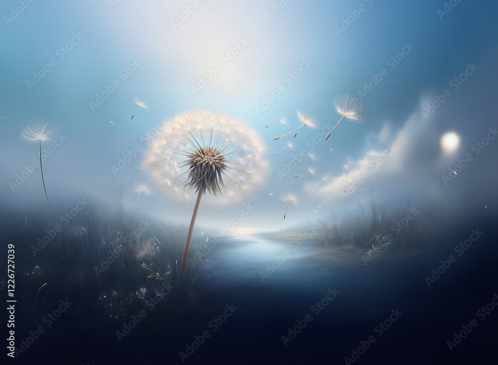 Poster a dreamy landscape featuring a large dandelion releasing its seeds into a misty, ethereal scene. the