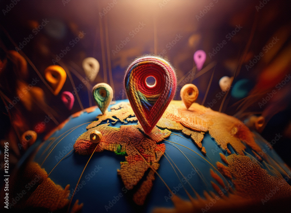 Poster a vibrant, 3d-rendered globe features a large central location marker, surrounded by smaller, colorf