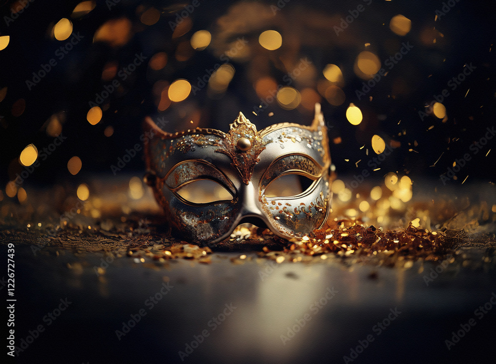 Aufkleber elegant silver masquerade mask rests amidst golden confetti and sparkling bokeh lights, creating a m