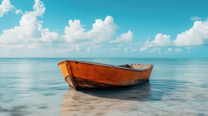Orange boat resting on a transparent ocean under a cloudy sky, a serene scene