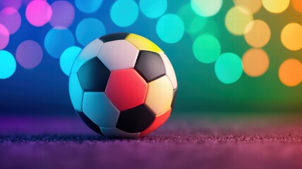 Obraz premium A colorful soccer ball rests on a vibrant, illuminated surface, surrounded by a bokeh of bright lights, creating a festive and dynamic atmosphere.