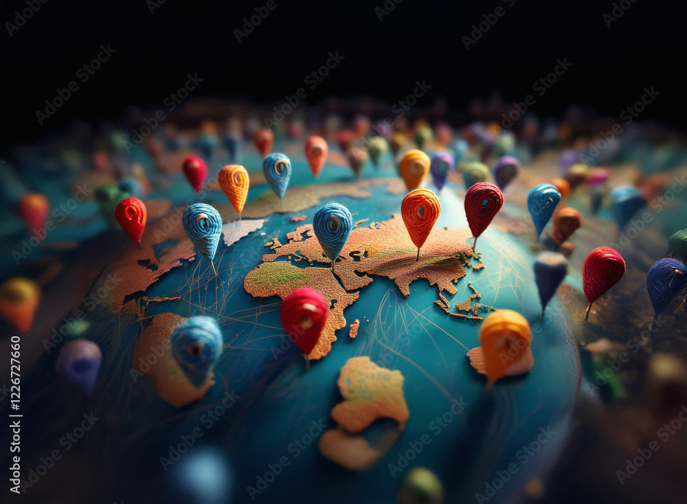 Poster a colorful, miniature world map is dotted with numerous location markers, suggesting global connecti