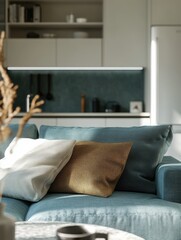 Modern Living Room with Blue Sofa