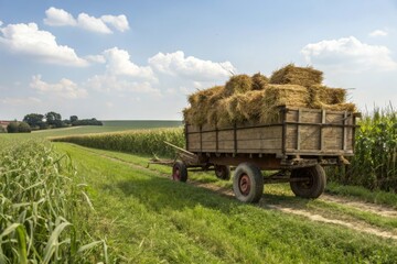 Hay wagon loaded with dried wheat and corn standing in a green meadow, natural scenery, hay wagon