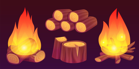 Firewood piles and fire set isolated on background. Vector cartoon illustration of wood logs, pieces of cut trunk, burning campfire flame, timber with bark, natural construction or heating material