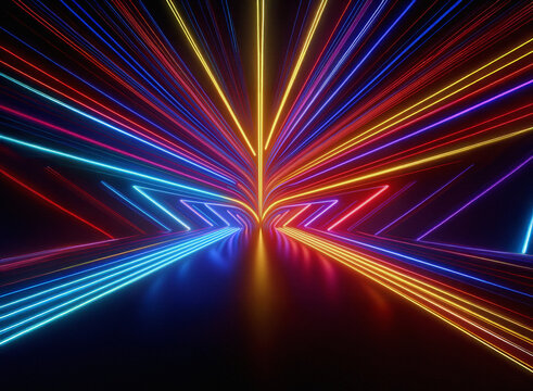 Vibrant, multicolored neon lines converge in a dazzling, symmetrical display, creating an immersive, futuristic tunnel effect against a dark background.  The glowing lines radiate energy and dynamism.