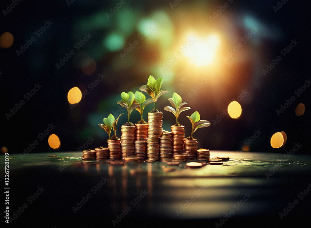Poster stacks of coins with sprouting plants, illuminated by a warm light against a dark, bokeh background,
