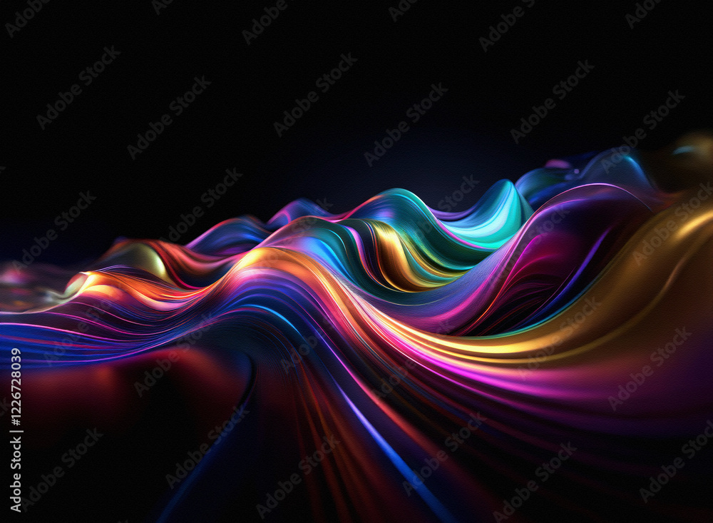 Poster fluid, iridescent waves flow across a dark background, creating a mesmerizing, abstract landscape of