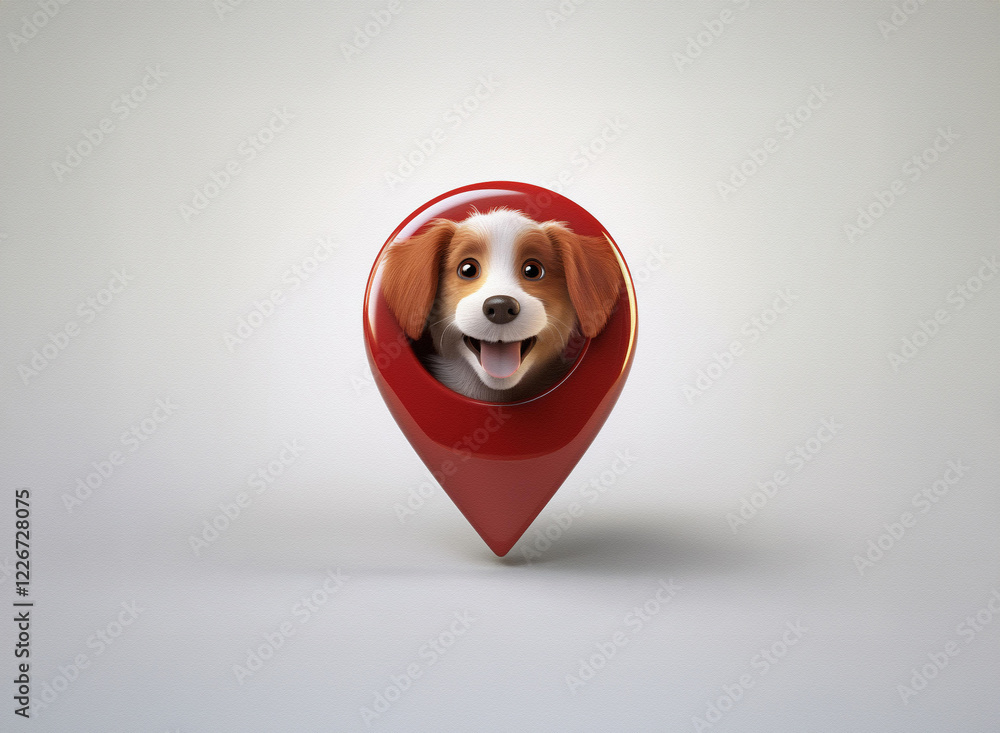 Aufkleber adorable puppy's face peeks from a glossy red location marker, against a neutral background. 3d rend