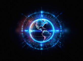 A glowing blue digital Earth is centered in a circular, technological frame.  Surrounding it are vibrant energy pulses, suggesting global connectivity and futuristic technology.