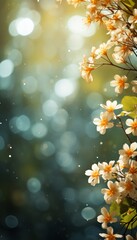 A blurred background of a vibrant green park garden during a bright sunny day, filled with lush trees and blooming flowers. 