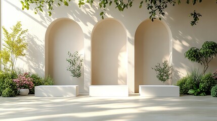 Abstract minimal nature scene. Empty stage with three white rectangle podiums on a beige background and shadows of tree leaves. Pedestal for cosmetic product and packaging mockups
