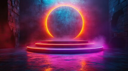Abstract minimal scene with empty circle podium on purple background. Rainbow crystal light refraction sparkles.