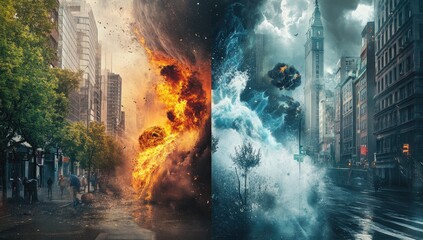 Naklejka premium Apocalyptic Cityscape: Fire and Flood Devastation