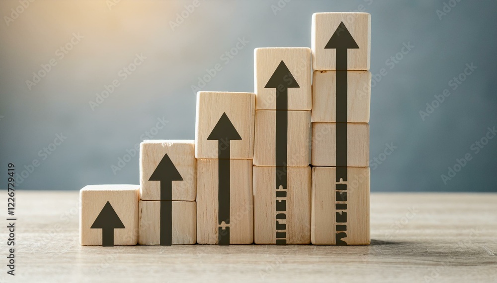 Poster wooden blocks arranged in an ascending staircase pattern, each block featuring an upward-pointing ar
