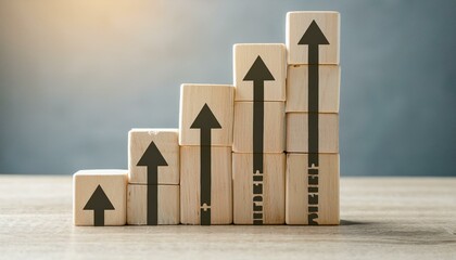 Wooden blocks arranged in an ascending staircase pattern, each block featuring an upward-pointing arrow, symbolizing growth and progress.
