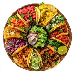 A colorful taco platter with assorted fillings, isolated white background, pop art style