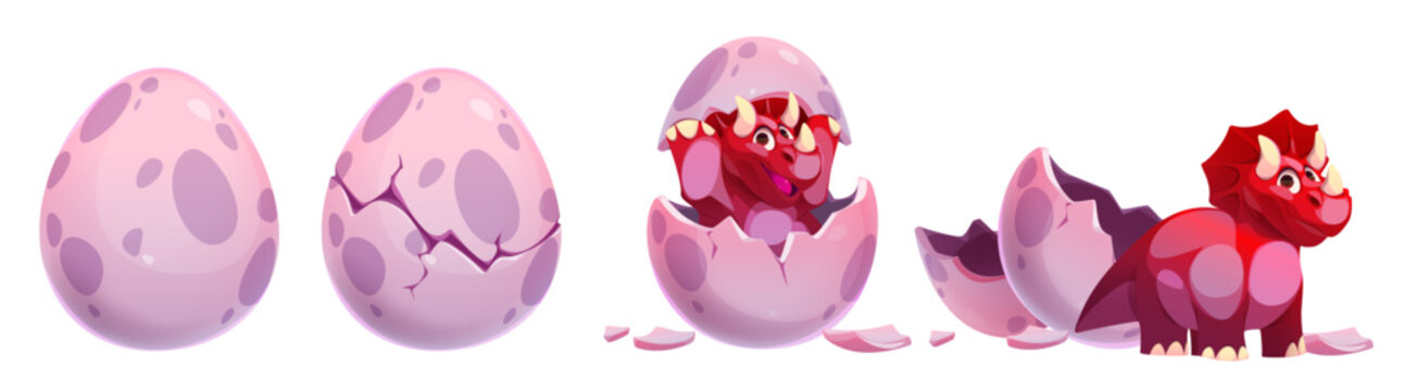 Cute red reptile hatching sequence - spotted pink egg cracking and revealing smiling baby dinosaur. Series of frames showing birth process for animation, game development or children storybook.