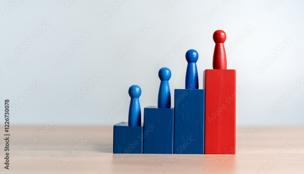 Poster a red toy figure standing at the top of a set of five wooden blocks. the other four toy figures are 