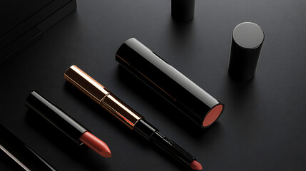 Obraz premium Rose Gold And Black Lipsticks On Dark Background