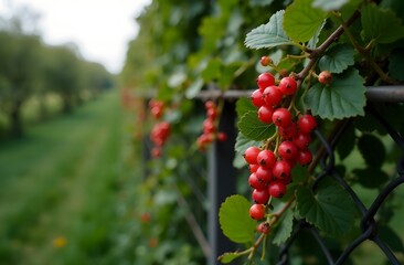 Fototapeta premium Red currants growing in the garden. Selective focus. Nature.