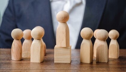 wooden figurines arranged on a table to represent a team with a leader in the center. the concept of teamwork and leadership is conveyed through this image
