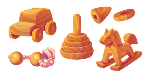Wooden toys for children development. Handcrafted collection - classic car, pyramid stacking rings, rocking horse and baby rattle. Natural educational playset for kids early learning exploration.