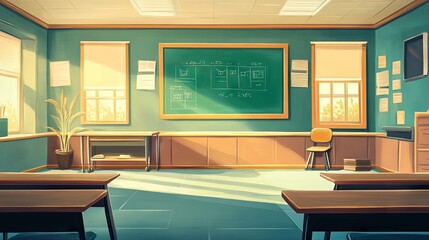 A modern classroom with a school board background.