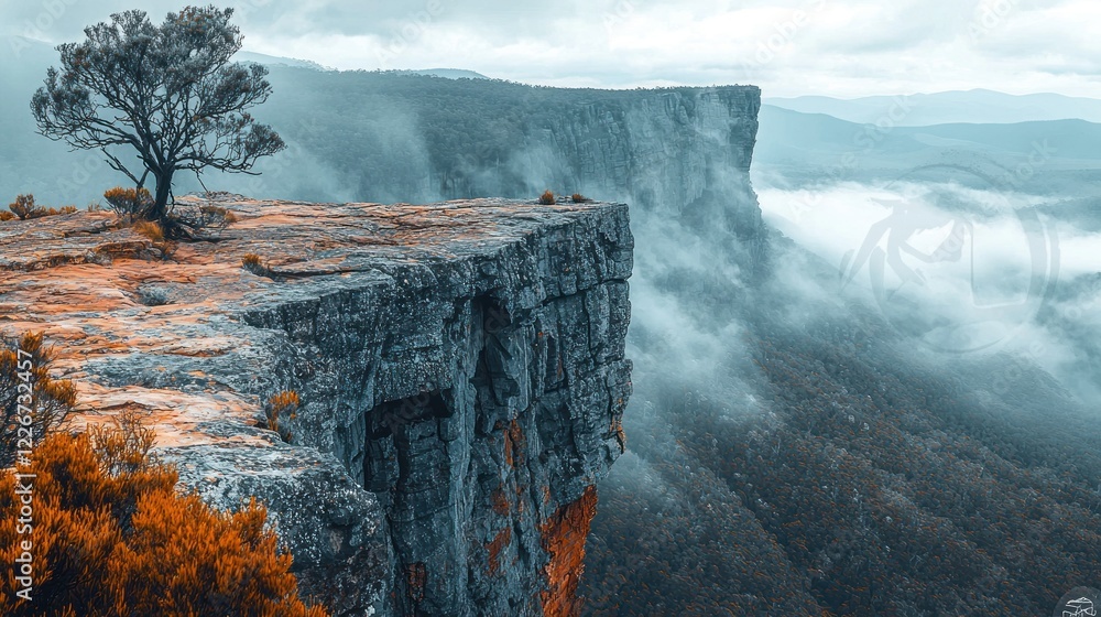 Wall mural Lonely tree on a cliff edge overlooking a misty valley.