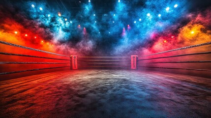 Empty boxing ring, smoky arena, spotlights, fight night