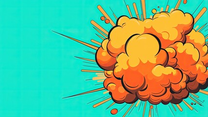 A vibrant, cartoon-style explosion with orange clouds and dynamic lines set against a teal background.
