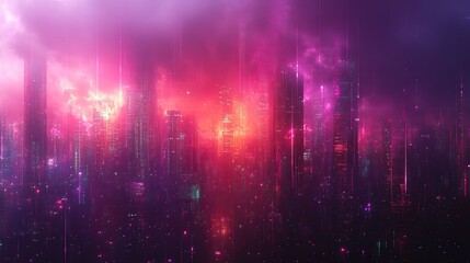 Abstract purple, pink, and green background with digital glitch effect, a futuristic cyberpunk design.