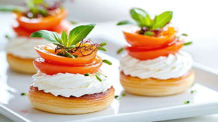 Elegant apricot and cream pastry appetizers, plated, close-up.  Perfect for party food photography