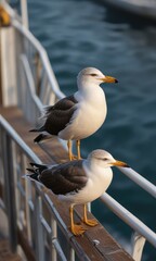 Obraz premium Lesser black backed gull on ship railing in motion, bird, ocean, seagull