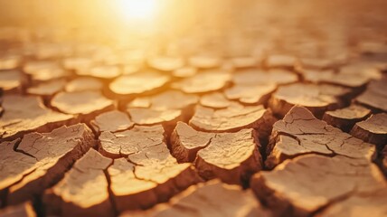Fototapeta premium A sunlit close-up of cracked earth, showcasing dry soil and a parched landscape, highlighting the effects of drought.