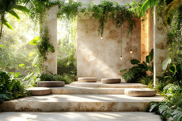 Sunlit Tropical Stone Architecture with Lush Greenery