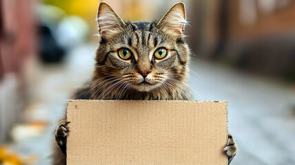 cat with poster outdoors holding banner in paws homeless curious ask for help ad