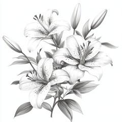 Elegant monochrome black and white illustration of blooming lilies on a soft background with delicate leaves and buds
