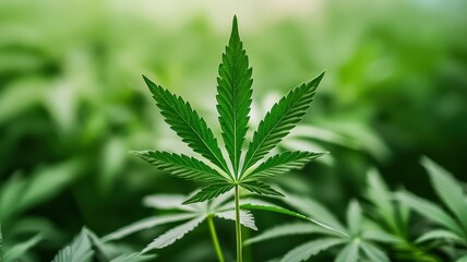 A close-up of a cannabis leaf surrounded by lush green foliage, highlighting its distinct serrated edges and vibrant color.
