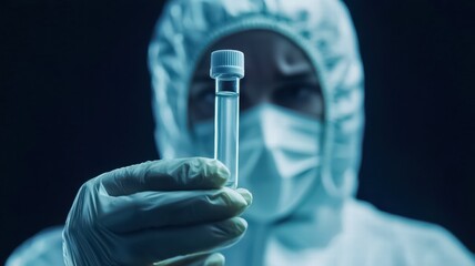 A scientist in protective gear holds a test tube, symbolizing advanced research and safety in a laboratory setting.