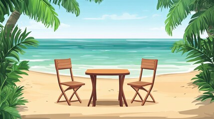 A table with two chairs set against a tropical beach backdrop, banner design